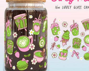 Kawaii Matcha Latte Glass Can Wrap PNG: Pastel Cafe UV DTF Design