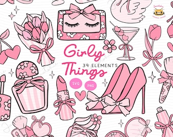 Clipart van meisjesachtige dingen, rommelige, kokette meisjesachtige spullen, roze esthetiek PNG & SVG, clipart van cosmetica en huidverzorging met roze strik, preppy retro meisjesachtige chaos