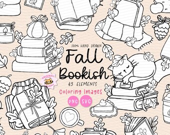 Fall Bookish Outline, Autumn Reading PNG SVG Clipart Set Doodle Coloring Hand Drawn, Digital Stamp