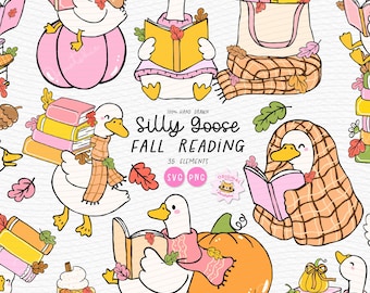 May include: A collection of whimsical illustrations featuring geese reading books, surrounded by fall-themed elements like pumpkins and leaves. The text reads "Silly Goose Fall Reading".