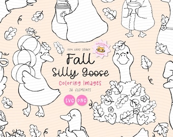 Cozy Fall Silly Goose Outline Doodle Coloring Page Clipart | Cozy Autumn Black And White Digital Stamp.