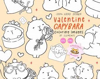 Kawaii Valentine Capybara Coloring Clipart: Playful Love Animal Outline Doodles (PNG, EPS)