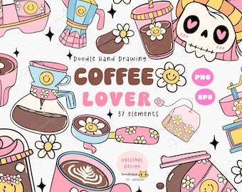 Groovy Retro Coffee Clipart Set | Girly Pink Coffee PNG | Cute Iced Coffee Clipart | Coffee Lover Sticker Digital Download.