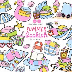 Puede incluir: Una colección de ilustraciones coloridas con temática de verano que presentan libros, accesorios de playa y bebidas. Incluye un flamenco, gafas de sol, un cangrejo y el texto "Summer Bookish". Las ilustraciones están dibujadas a mano.