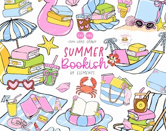 Summer Bookish Clipart PNG | Retro Summer Beach Book Reading Girly Bookworm SVG (49 Elements)