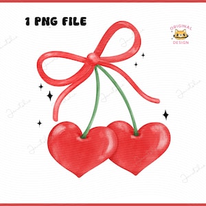 レトロなコケット チェリー png、リボン ボウ付き赤いチェリー ハート型水彩画 png、ステッカーおよびシャツ デザイン昇華印刷可能。