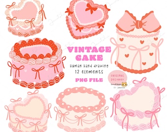 Vintage heart cake png, Retro cake png, coquette cake clipart, wedding cake, birthday cake for wall art decor, shirt or sticker print