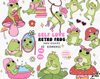 Retro Frog Clipart Set: Groovy Self-Care PNG Stickers (Digital Download)