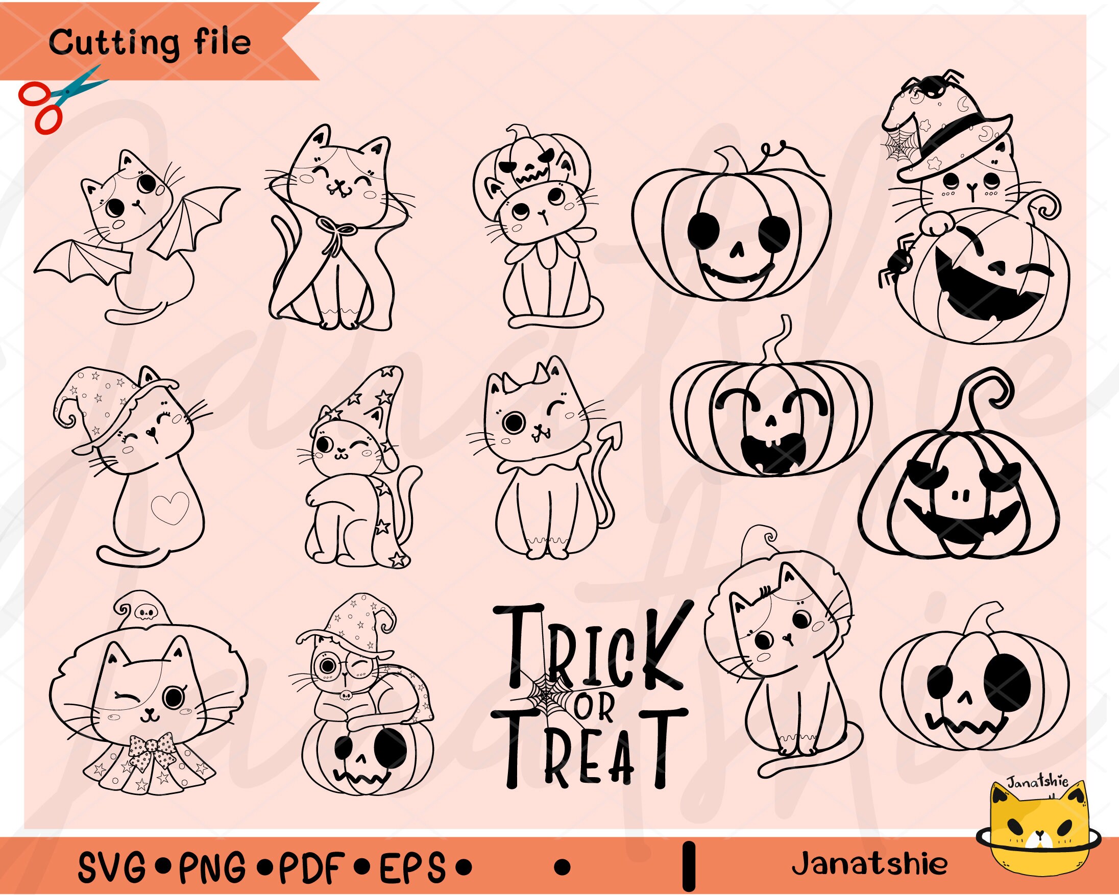 Halloween Outline Svg Digital Stamp, Cat Outline Svg, Digital Sticker ...