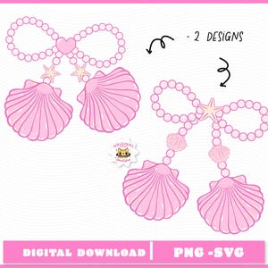 Lazo de perla coqueta con concha SVG PNG, lazo de verano PNG, concha marina con lazo de perla, verano costero femenino rosa, diseño estético de pescador preppy