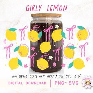 Coquette Lemon Glass Can Wrap PNG – 16oz Libbey Cup Wrap Sublimation Design | Girly Lemonfully Summer Ribbon Bow Aesthetic  UVDTF wrap png