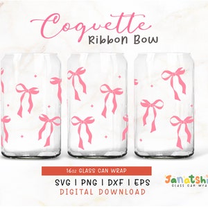 Coquette Ribbon bow Can Wrap SVG | Pink Preppy bow Coquette Aesthetic, Retro Trendy Beer Can Glass Wrap Template SVG Layered Cricut.