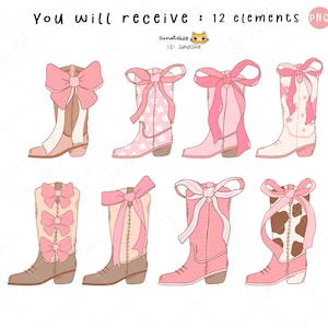 May include: Twelve digital illustrations of pink cowboy boots with various patterns and pink bows. The boots are in a variety of styles, including classic cowboy boots, boots with stars, and boots with a cow print.