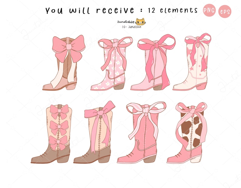 May include: Twelve digital illustrations of pink cowboy boots with various patterns and pink bows. The boots are in a variety of styles, including classic cowboy boots, boots with stars, and boots with a cow print.
