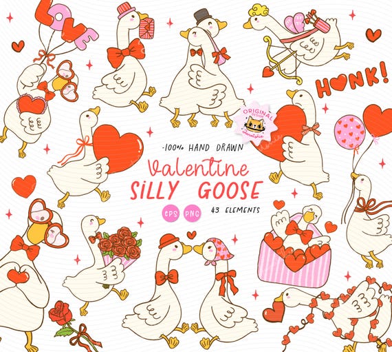 Silly Goose Valentine with heart Hand Drawn Clipart Set SVG EPS : Cute Romantic Geese with hearts, bows, balloons, and gifts.
