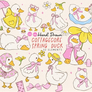 Cute Spring Cottagecore Duck png Cute White Duck with bow svg Vintage Coquette White Call duck Whimsical Playful Doodle Hand Drawing Set