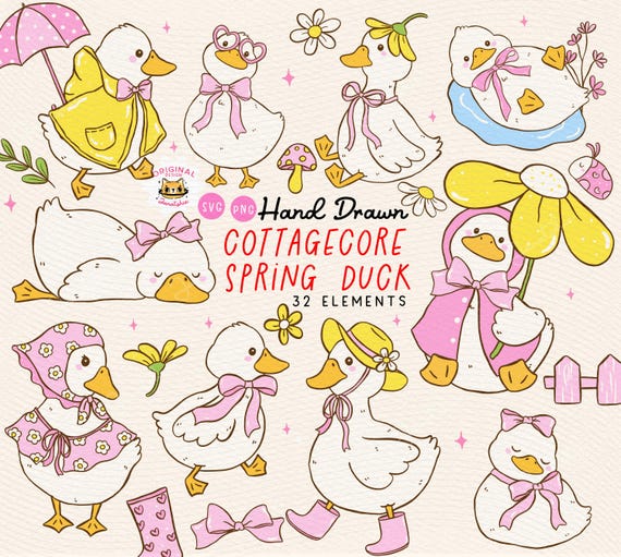 Spring Cottagecore Duck PNG & SVG: White Call Duck Clipart Set