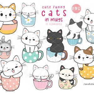 Coffee cat png Kitten cat in teacup clipart playful pet in pastel ceramic mug Clipart Set Kawaii Kitten Doodle Hand Drawings set.