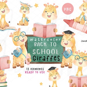 Clipart de la escuela de animales Jirafa Regreso a la escuela Acuarela png Estudiante Animal estudiando conjunto de imágenes prediseñadas, lindo estudiante jirafa animal clip art