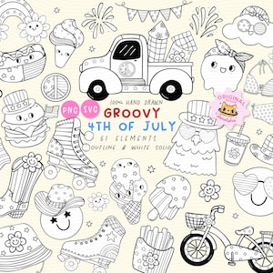 May include: Black and white hand-drawn illustrations of 4th of July themed elements. Includes a truck, roller skates, ice cream, a hamburger, a bicycle, and other festive designs. The text reads "Groovy 4th of July".