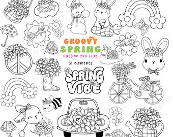 Retro Spring Doodle SVG: Hippie Bunny, Rainbow Daisy Outline (Digital Download)