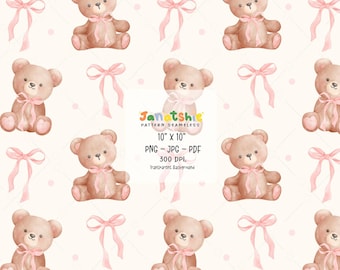 Coquette Teddy Bear Pattern: Vintage Watercolor Seamless Digital Paper (PNG, JPG, PDF)