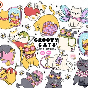 Gato retro genial PNG clipart Gato moderno con amor propio Gato funky Amante de los gatos Diseño imprimible para calcomanías, camisetas, tazas y más