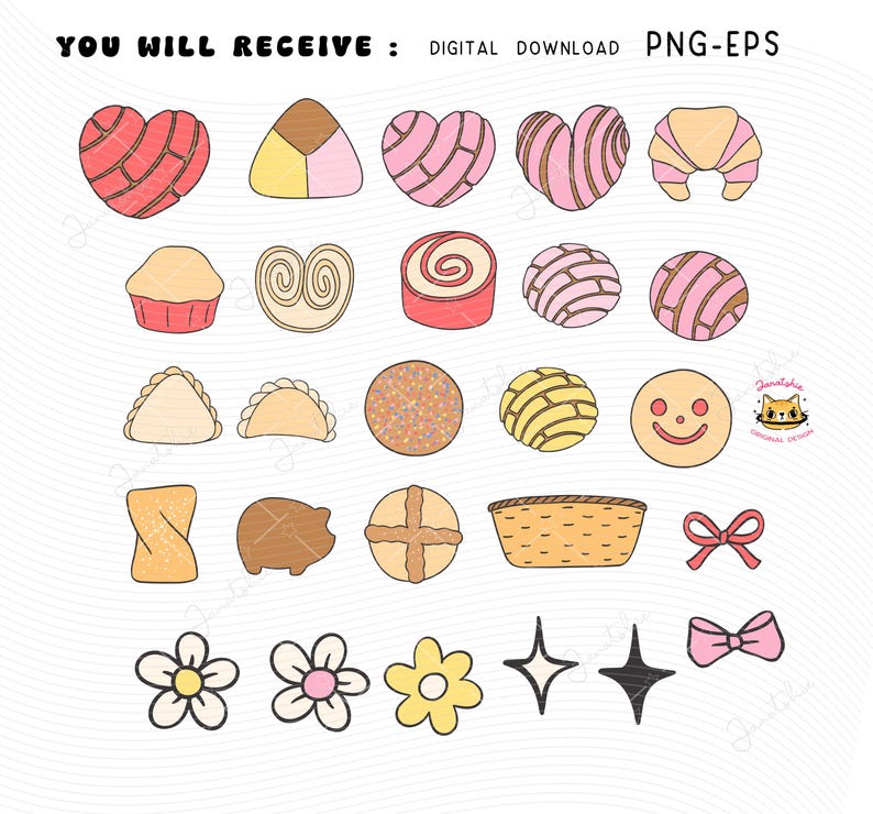 Cute Mexican Pan Dulce Clipart Groovy Retro Concha Clipart Girly Conchas PNG Mexican Bread PNG Bundle doodle hand drawing digital sticker