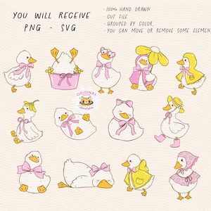 Rain Spring Cottagecore png Cute White Duck with bow svg Vintage Coquette White Call duck Whimsical Playful Doodle Hand Drawing Outline Set