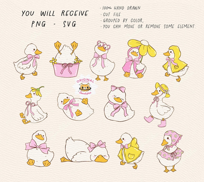 Rain Spring Cottagecore png Cute White Duck with bow svg Vintage Coquette White Call duck Whimsical Playful Doodle Hand Drawing Outline Set