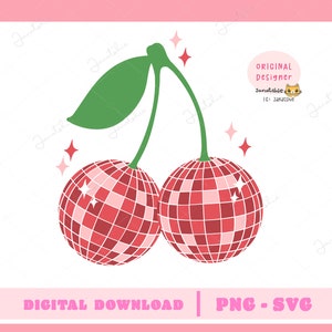 ディスコボール チェリー svg、レッドチェリー ディスコボール、グルーヴィーチェリー ルーム デコレーション png、70 年代のトレンディなレトロ アート レッド エステティック プリント、y2k ウォール アート