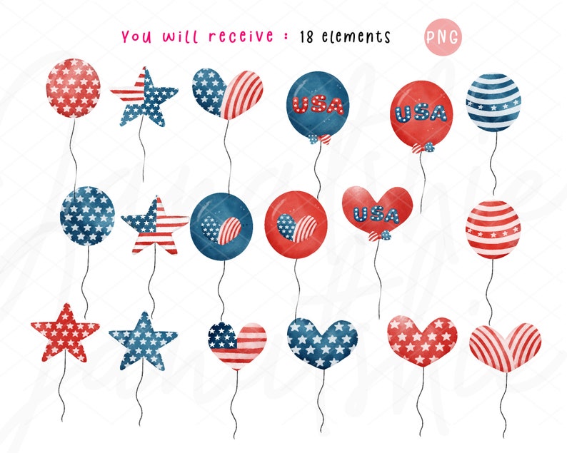 4th of July Balloons Clipart: Watercolor Patriotic Graphics (digital ...