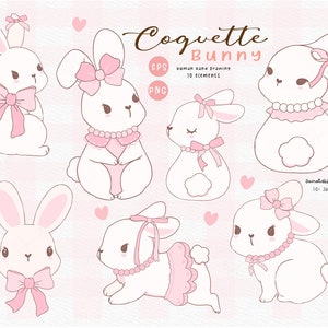 Rosa Osterhase kokett png Girly Osterhase mit Schleife Clipart-Set Preppy Retro Frühling Cartoon Doodle Handzeichnung Set