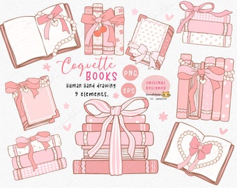Coquette Books png, Girly bookish coquette, booklover pink clipart, victorian vintage book era, Preppy books hand drawing set.