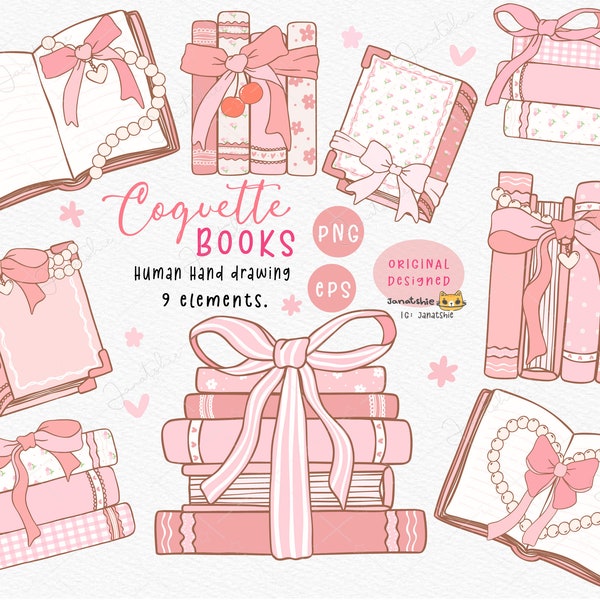 Coquette Books png, Girly bookish coquette, booklover pink clipart, victorian vintage book era, Preppy books hand drawing set.