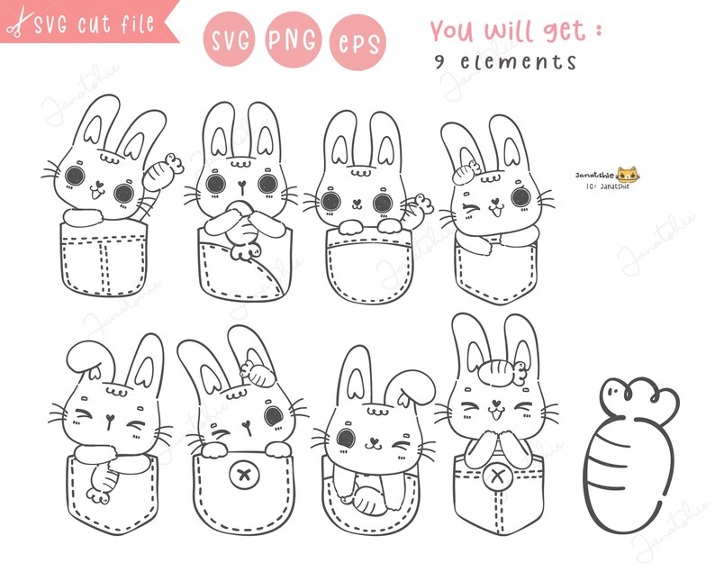 Kawaii Bunny Outline SVG: Rabbit in Pocket, Pet Digital Stamp PNG ...