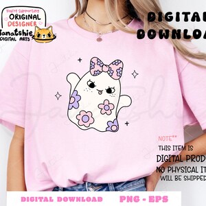 May include: A digital download of a cute cartoon ghost with a pink bow and purple flowers. The ghost is white with a pink outline and has a pink tongue sticking out. The background is pink.
