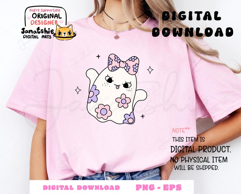 May include: A digital download of a cute cartoon ghost with a pink bow and purple flowers. The ghost is white with a pink outline and has a pink tongue sticking out. The background is pink.
