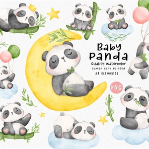 Conjunto de clipart PNG de aquarela de urso panda para chá de bebê - ursinhos gigantes e pequenos, ilustrações de berçário prontas para usar