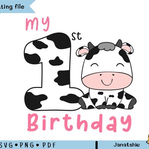 Cute Baby Cow Primeiro Aniversário SVG - Primeiro Aniversário Animal de Fazenda Clipart - Design de Camiseta Kid Cow - PDF PNG Download