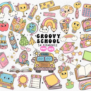 Groovy Disco Schule png Retro Lehrer png Pastell back to Schule png Disco Abschlussfeier Clipart, Positive Buch Vibe png Flower Power Schulbus