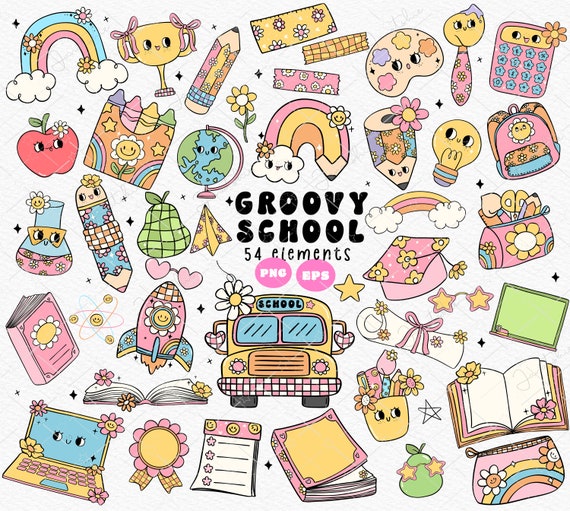 Retro School Clipart: Groovy Teacher PNG, Flower Power Bus (Digital Download)
