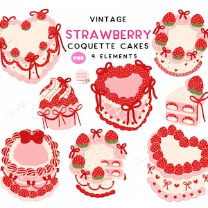 Retro Valentine hart taart png Vintage aardbeientaart png coquette verjaardagstaart clipart 90s bruidstaart clip art set