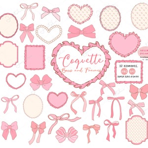 Conjunto de imágenes prediseñadas PNG de estético garabato de marco y lazo de cinta de coqueta rosa, lazo estético de coqueta, lazo vintage, cinta victoriana y marco.