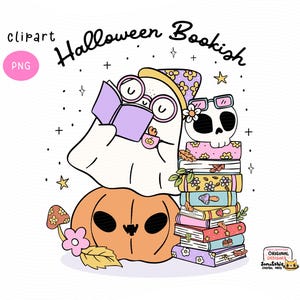 Fantasma che legge un libro png Halloween Bookish png T-shirt, design adesivo Bookish Ghost Autumn book vibe png cartone animato clipart doodle stampabile