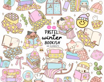 Groovy Winter Bookish Clipart: Pastel Retro Reading Doodle PNG Bundle