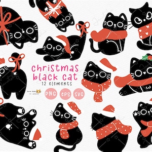 Conjunto de clipart de gato preto de Natal svg, gatinho fofo png, clipart festivo e divertido de animal de estimação kawaii