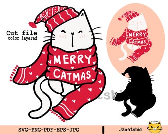 Christmas cat svg cut file, cat in Santa hat and scarf with Merry Catmas saying, digital doodle cartoon illustration clip art