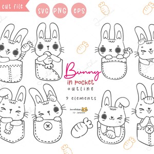 Kawaii bunny outline svg, rabbit in pocket, cute bunny svg outline, minimal tattoo line animal, bunny colouring page, pet digital stamp PNG