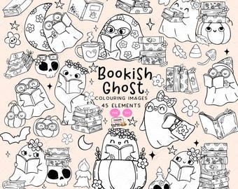 Spooky Ghost reading book SVG, bookish ghost Outline Clipart Bundle, Colouring Images Books Halloween, Digital stamp Autumn book vibe png